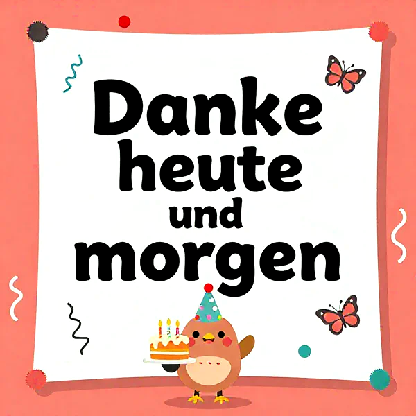 Ein charmanter Cartoon-Vogel in einem Partyhut hält eine kleine Geburtstagstorte mit leuchtenden Kerzen. Dahinter ein weißes Blatt mit dem Text "Danke heute und morgen", umgeben von Schmetterlingen und Konfetti auf rosa Hintergrund.