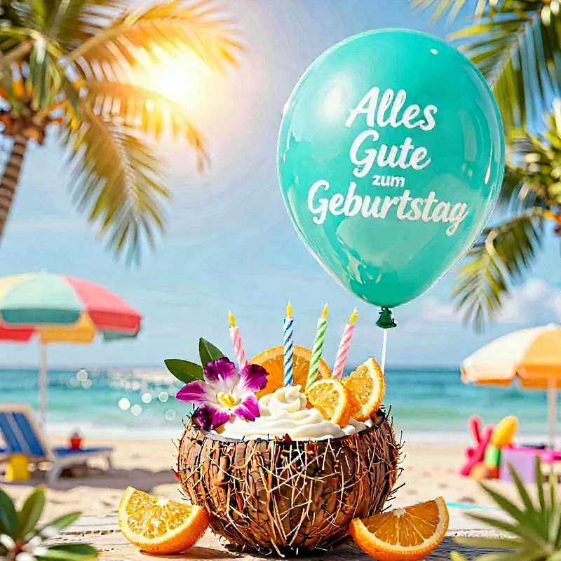 Sonniger Geburtstagsgruß vom Tropenstrand. Ein türkiser Ballon mit "Alles Gute zum Geburtstag" schwebt über einer festlichen Kokosnusstorte. Sie ist verziert mit bunten Kerzen, Orangenscheiben und einer Orchidee. Palmen und das blaue Meer im Hintergrund.