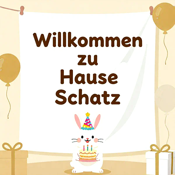 Ein süßer Hase mit Partyhut präsentiert eine Torte mit Kerzen. Ein Banner mit der Aufschrift "Willkommen zu Hause Schatz" hängt dazwischen. Goldene Ballons und festliche Geschenke runden die liebevolle Begrüßung ab.