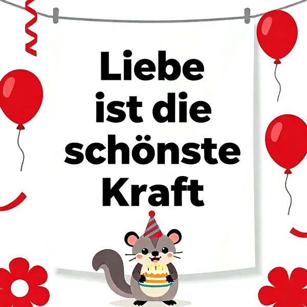 Ein niedliches Eichhörnchen mit Partyhut hält eine Geburtstagstorte mit Kerzen auf einer weißen Karte. Rote Luftballons und Konfetti umrahmen den Spruch "Liebe ist die schönste Kraft". Eine herzliche und festliche Grußbotschaft voller Freude.