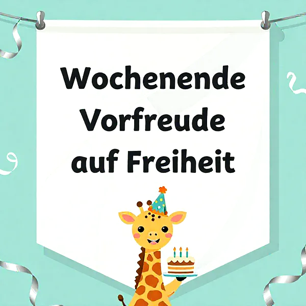 Ein süßes Giraffenmotiv in Partyhut hält eine Geburtstagstorte mit Kerzen. Das festliche Bild symbolisiert Vorfreude auf Freiheit am Wochenende, umgeben von silbernen Bändern auf mintgrünem Hintergrund.