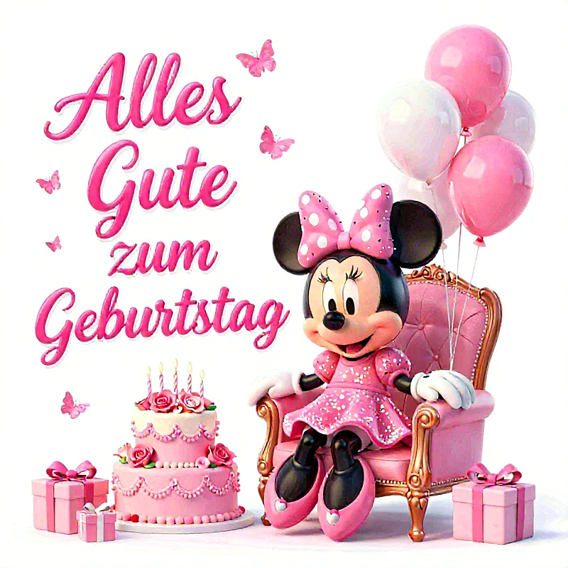 Minnie Maus in pinkem Kleid sitzt festlich auf einem Sessel. Eine zweistöckige Geburtstagstorte mit Kerzen, pinke Geschenke und Ballons umrahmen sie. Der Gruß 'Alles Gute zum Geburtstag' mit Schmetterlingen zaubert eine herzerwärmende Szene.
