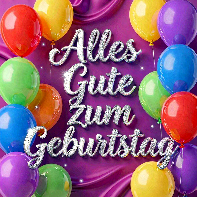 Ein festliches Bild mit glänzender Aufschrift 'Alles Gute zum Geburtstag', umgeben von zahlreichen bunten Ballons in leuchtenden Farben auf einem eleganten violetten Hintergrund, strahlt pure Freude aus.