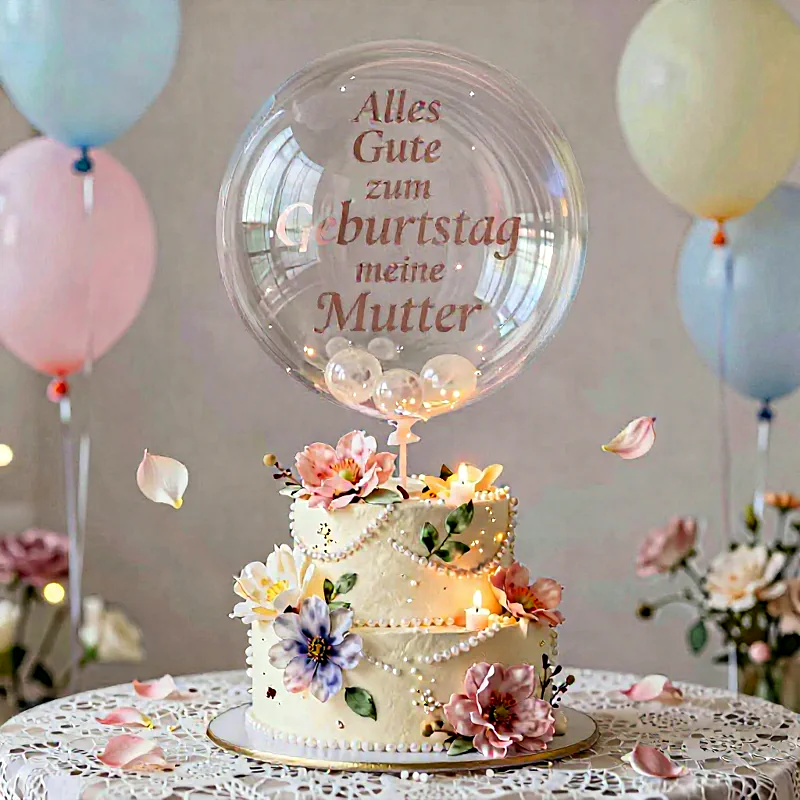 Zwei-stöckige Geburtstagstorte mit zarten Blumen und Perlenkette, darauf ein schwebender Ballon "Alles Gute zum Geburtstag meine Mutter", umgeben von pastellfarbenen Ballons und Blütenblättern. Eine festliche Feier für die Mutter.