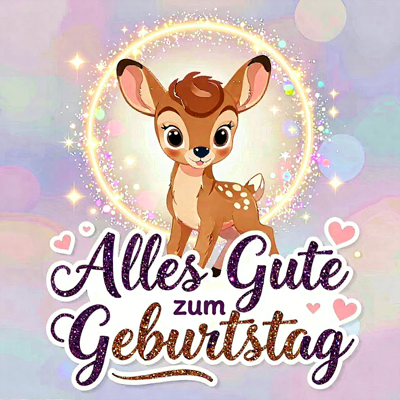 Ein bezauberndes Cartoon-Rehkitz mit großen, braunen Augen und zarten Ohren, umrahmt von einem funkelnden, goldenen Lichtkranz. Darunter steht der glitzernde Schriftzug 'Alles Gute zum Geburtstag' auf einem sanften, pastellfarbenen Hintergrund mit kleinen Herzen. Eine süße, festliche Grußkarte zum Versenden.
