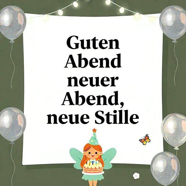 Eine niedliche Fee mit orangefarbenen Haaren, blauen Flügeln und einem Partyhut hält eine Geburtstagstorte mit Kerzen. Dazu schweben glänzende Ballons und Lichterketten um eine weiße Tafel. Ein Schmetterling fliegt fröhlich daneben.