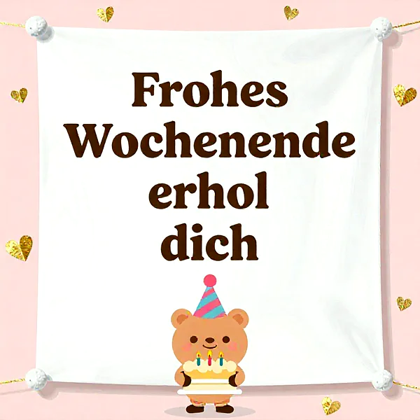 Ein niedlicher Bär mit Partyhut präsentiert eine kleine Torte mit Kerzen. Der Gruß 'Frohes Wochenende erhol dich' steht auf einem weißen Tuch. Goldene Herzen auf rosafarbenem Grund unterstreichen die entspannte, liebevolle Wochenendbotschaft.