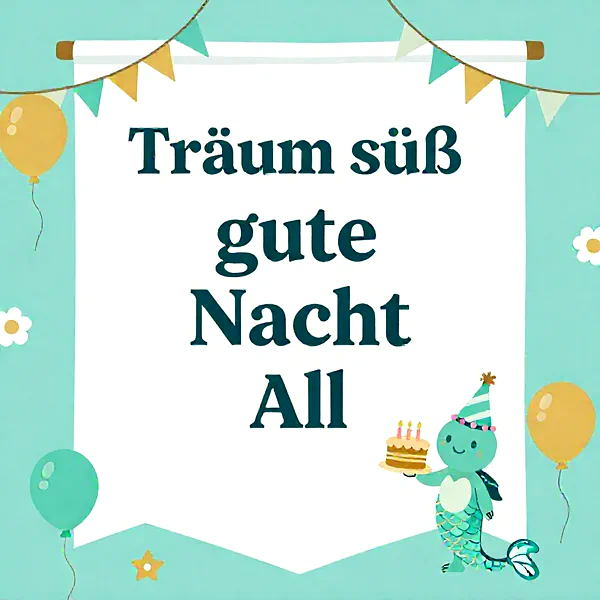Ein niedliches mintgrünes Fabelwesen mit Partyhut hält eine Geburtstagstorte mit drei Kerzen. Umgeben von Ballons und Wimpeln, vermittelt das Bild eine festliche und liebevolle Stimmung für süße Träume.