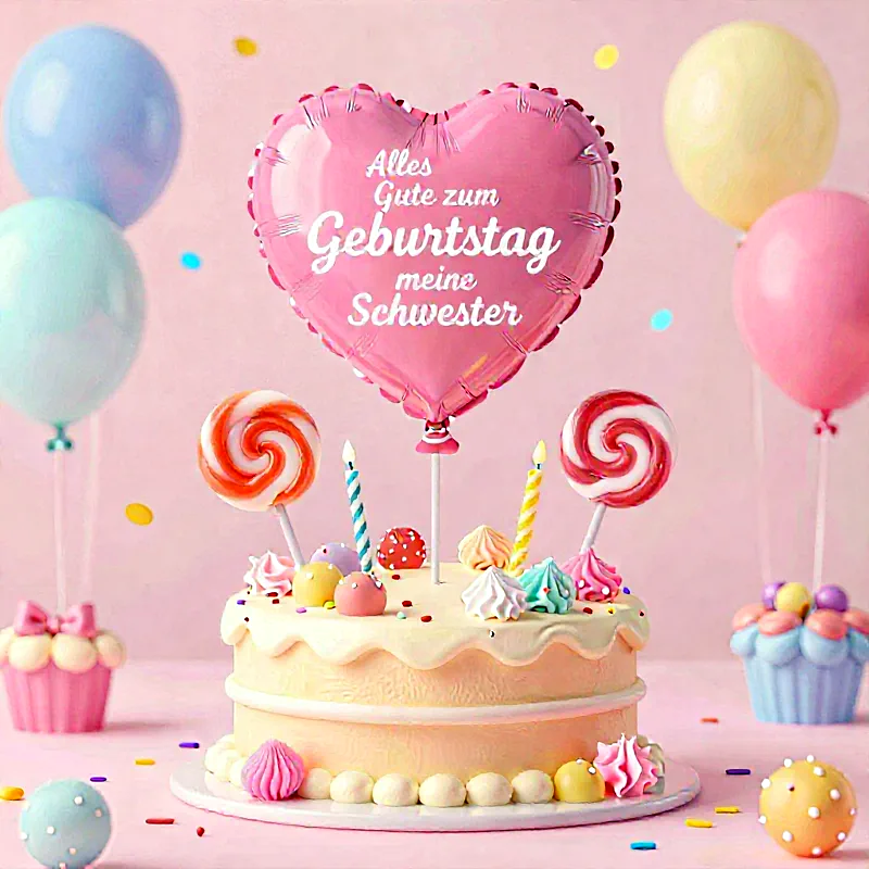 Festlicher Geburtstagskuchen für die Schwester, verziert mit einem rosa Herzballon, Süßigkeiten und Kerzen. Pastellfarbene Ballons und Konfetti schaffen eine fröhliche, süße Atmosphäre.