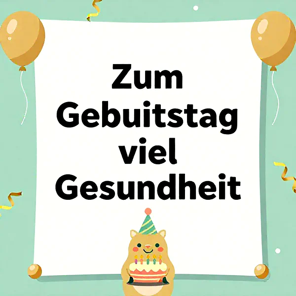 Ein süßer Hamster mit Partyhut präsentiert eine Geburtstagstorte mit brennenden Kerzen. Auf einem weißen Banner steht 'Zum Geburtstag viel Gesundheit'. Goldene Luftballons und Konfetti auf hellblauem Grund schaffen eine fröhliche und herzliche Feierstimmung.