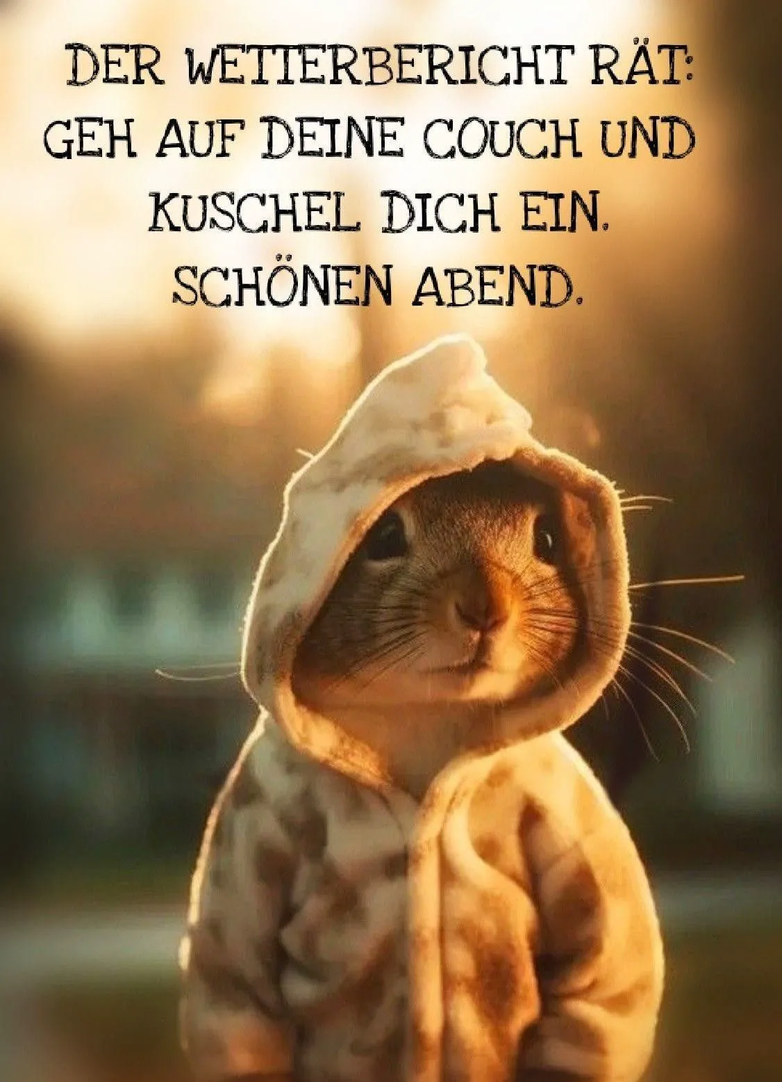 Ein süßes Eichhörnchen trägt einen Kapuzenpullover und blickt freundlich in die Kamera. Der warme Hintergrund betont die gemütliche Botschaft des schönen Abends.