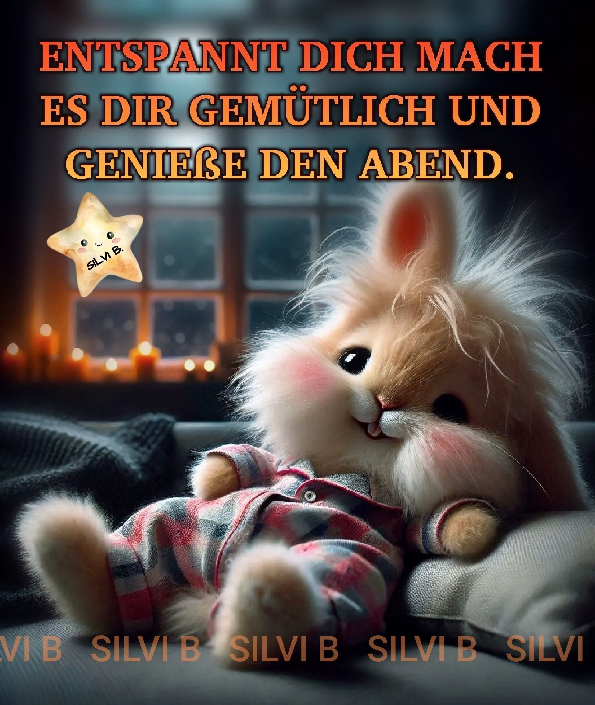 Ein flauschiges Häschen in geringeltem Pyjama liegt entspannt auf einem Kissen. Im Hintergrund sind Kerzen und ein Fenster zu sehen. Ein leuchtender Stern schwebt über dem süßen Hasen.