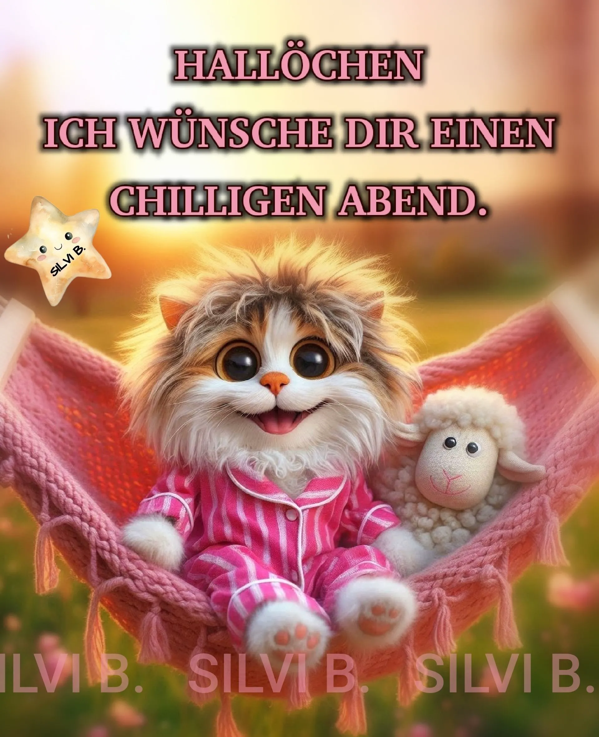 Ein süßes, flauschiges Kätzchen in einem rosa Schlafanzug sitzt mit einem Stoffschaf in einer rosafarbenen Hängematte und wünscht einen chilligen Abend.