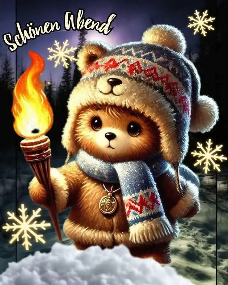 Ein niedliches Teddybärchen im Winterlook hält eine Fackel und trägt Schneeflocken als Dekoration