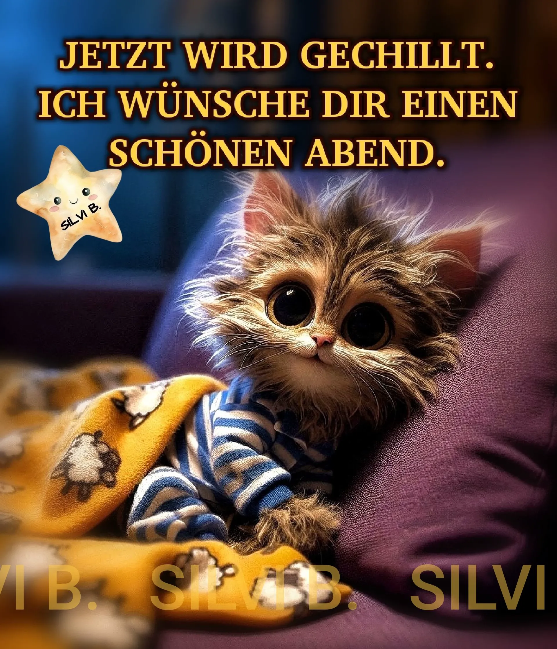 Süßes, flauschiges Kätzchen mit großen Augen, gemütlich unter einer gelben Decke auf lila Sofa. Ein leuchtender Stern sendet einen herzlichen Guten-Abend-Gruß zum Chillen.