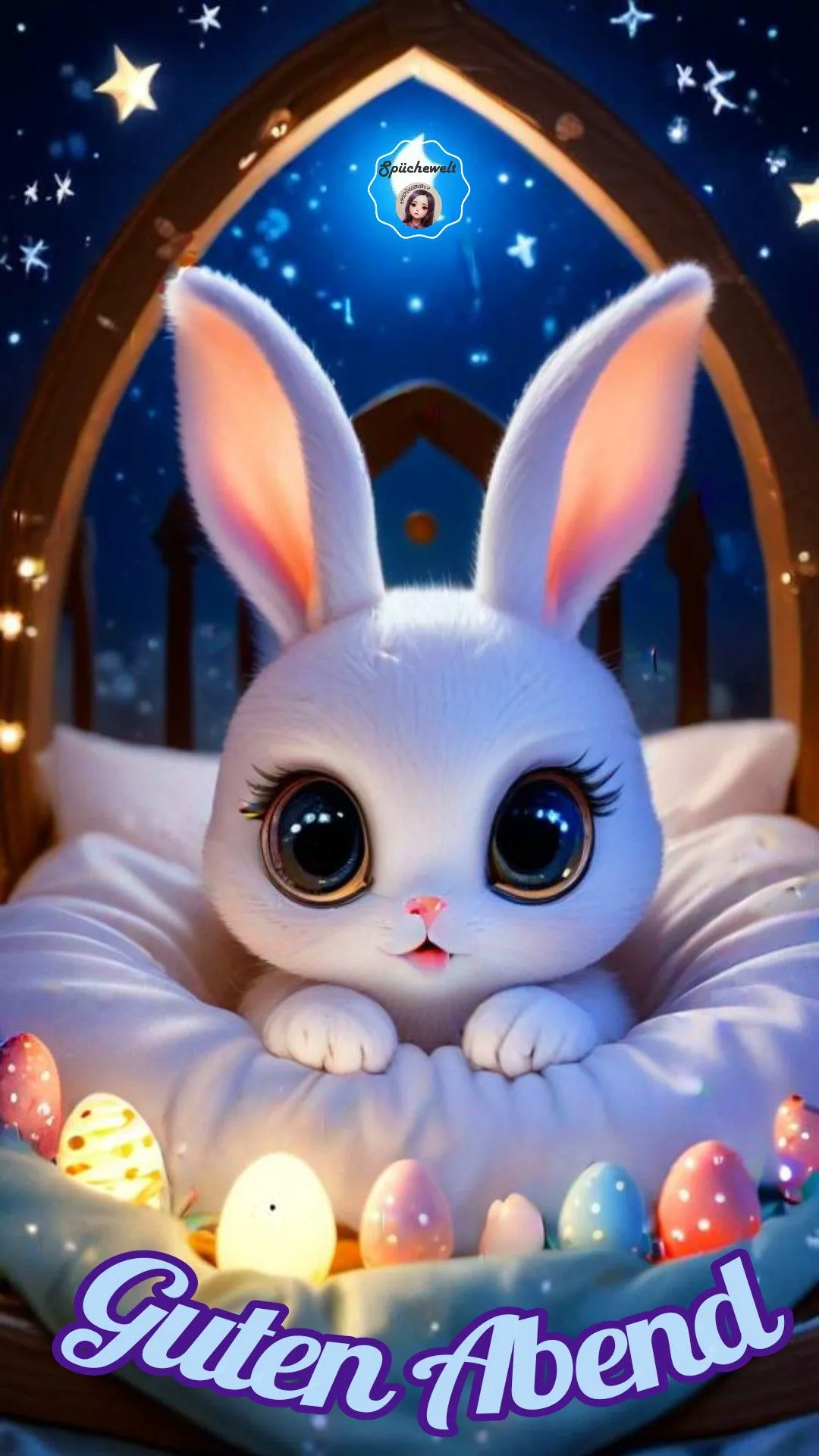 Ein süßer weißer Hase mit großen Augen liegt in einem Bett, umgeben von Ostereiern, vor einem nächtlichen Sternenhimmel.