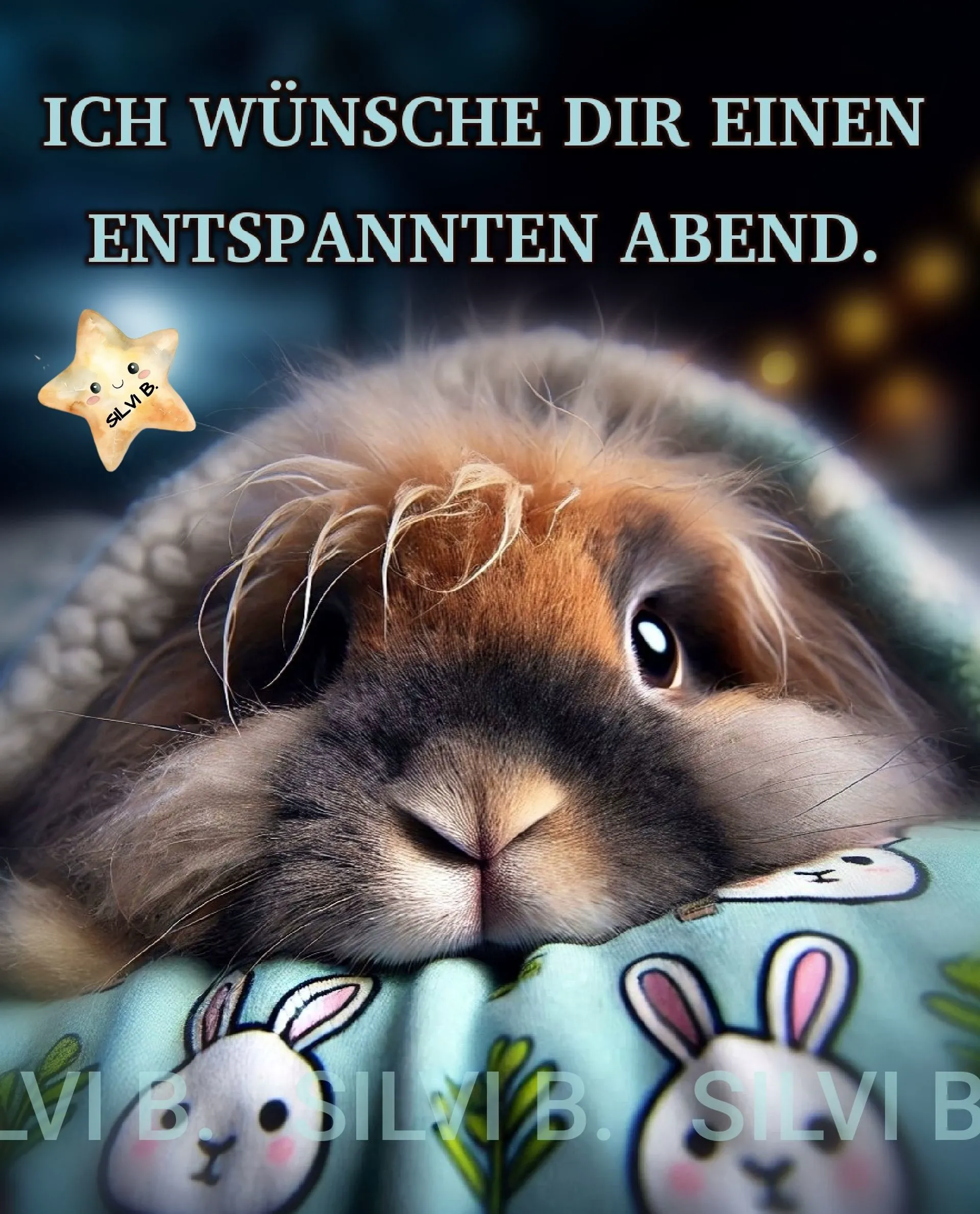 Ein niedliches, flauschiges Kaninchen liegt zugedeckt auf einem Kissen mit Hasenmuster. Oben links schwebt ein kleiner, lächelnder Stern. Der Text wünscht einen entspannten Abend.