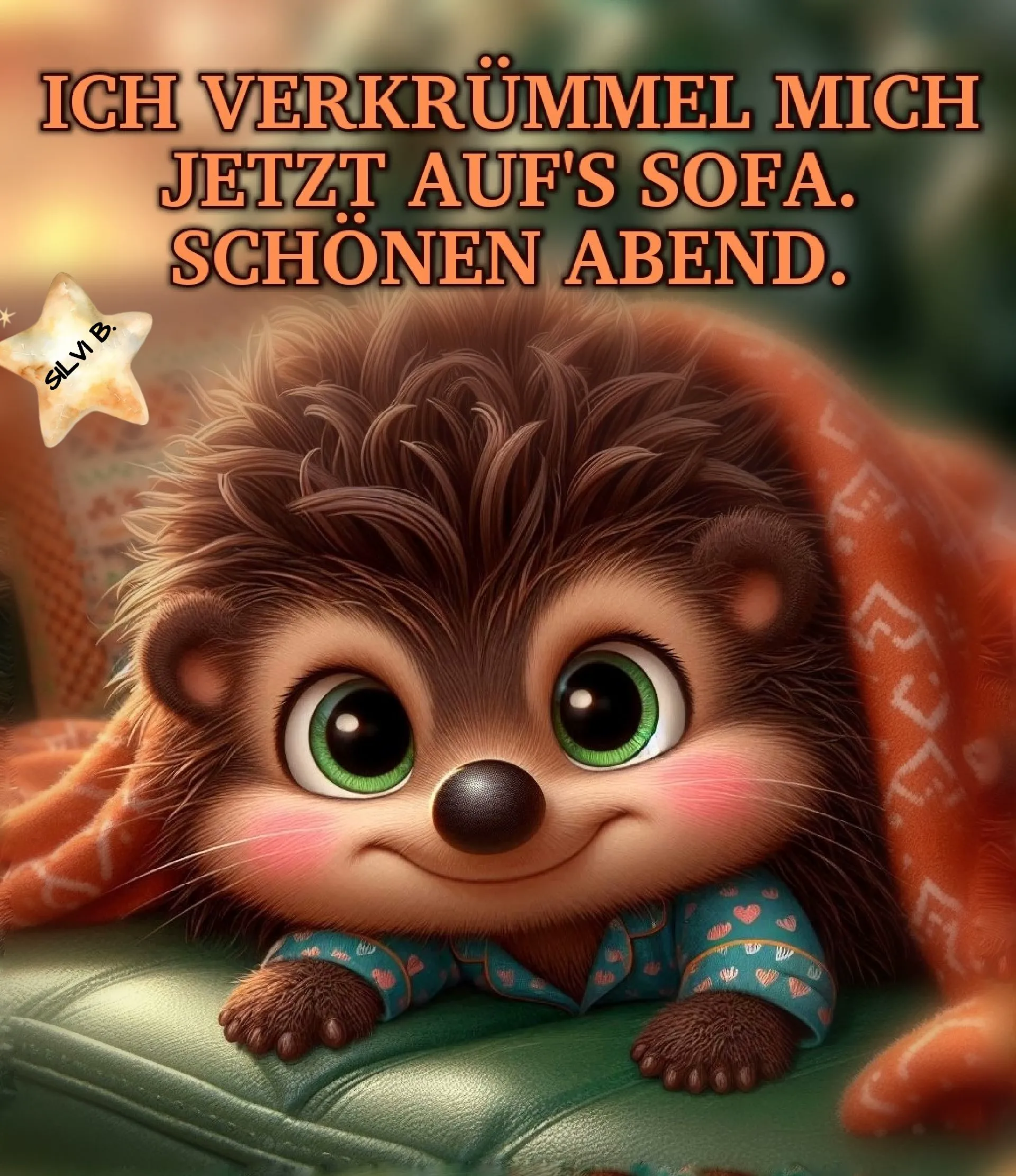 Ein Cartoon-Igel mit großen grünen Augen liegt auf einem grünen Sofa, zugedeckt mit einer orangefarbenen Decke.