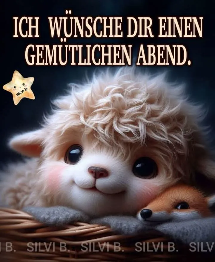 Ein niedliches Lamm und ein Fuchs liegen zusammen in einem Korb, ein Stern mit freundlichem Gesicht daneben, dunkler Hintergrund.