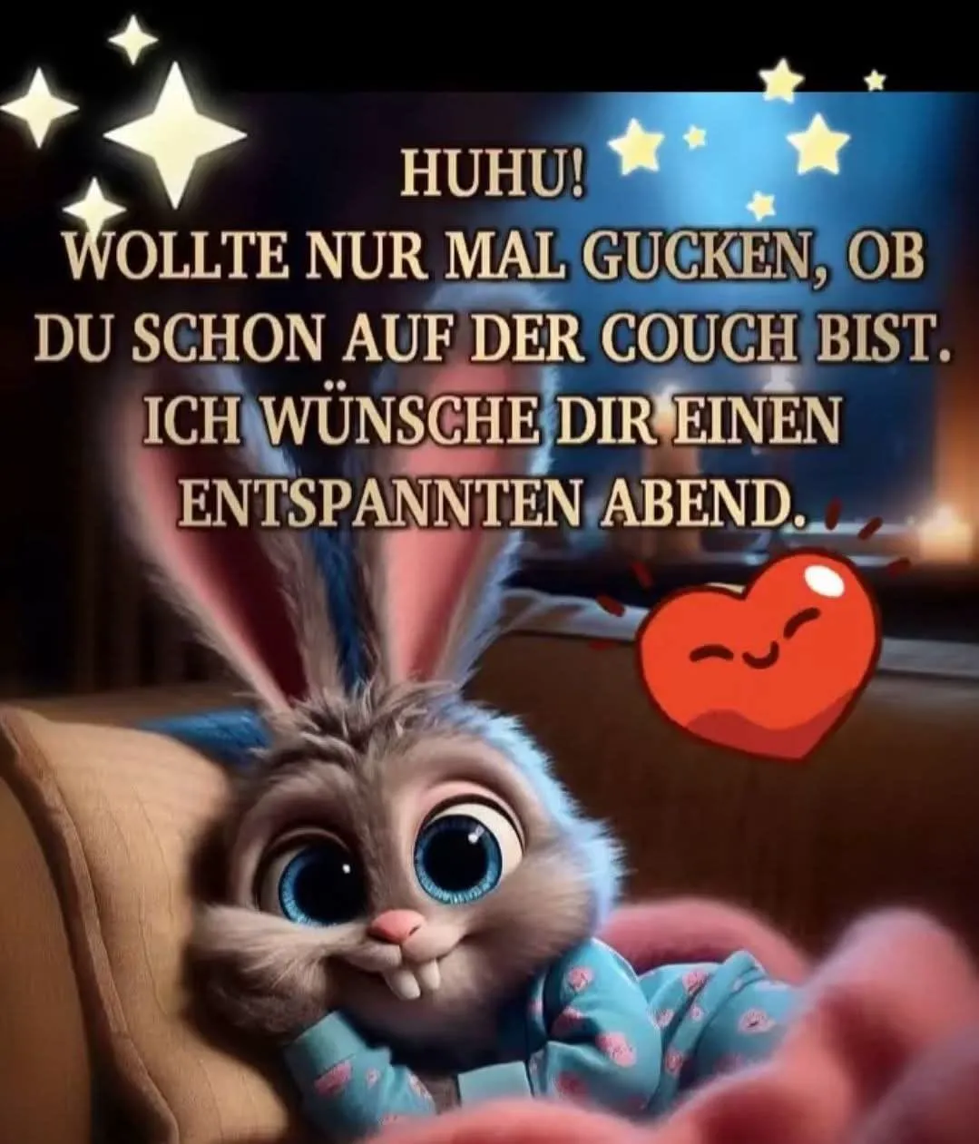 Süßes animiertes Häschen liegt entspannt auf der Couch im blauen Schlafanzug. Der Guten-Abend-Gruß: 'Huhu! Ich wünsche dir einen entspannten Abend' ist mit Sternen und Herz zu sehen.