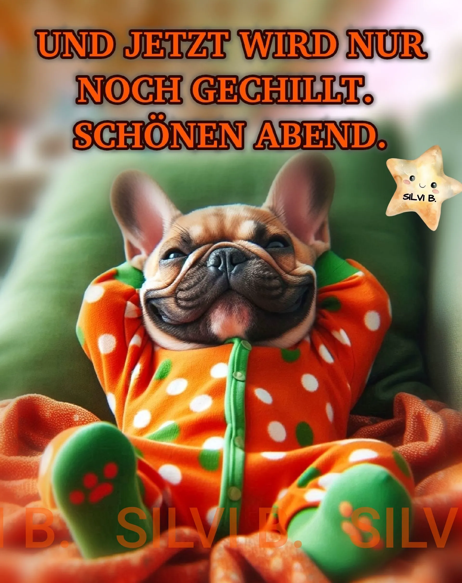 Süßer Französischer Bulldogge im gepunkteten Pyjama, der entspannt auf einem Kissen liegt und die Pfoten hinter dem Kopf verschränkt. Dazu der Gruß: "Schönen Abend".