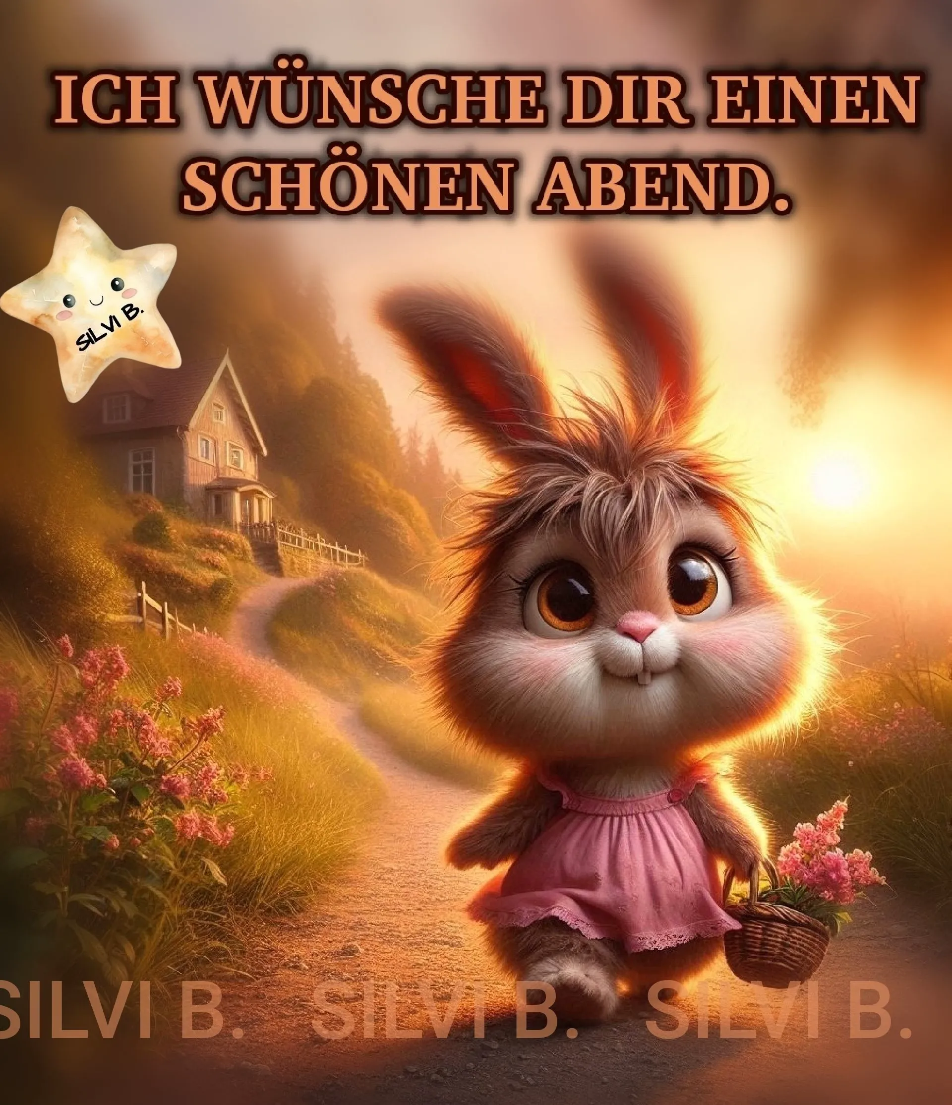 Ein niedliches Cartoon-Häschen mit rosa Kleid und Blumenkorb vor einem sonnigen Abendhintergrund mit einem Haus und einem Stern