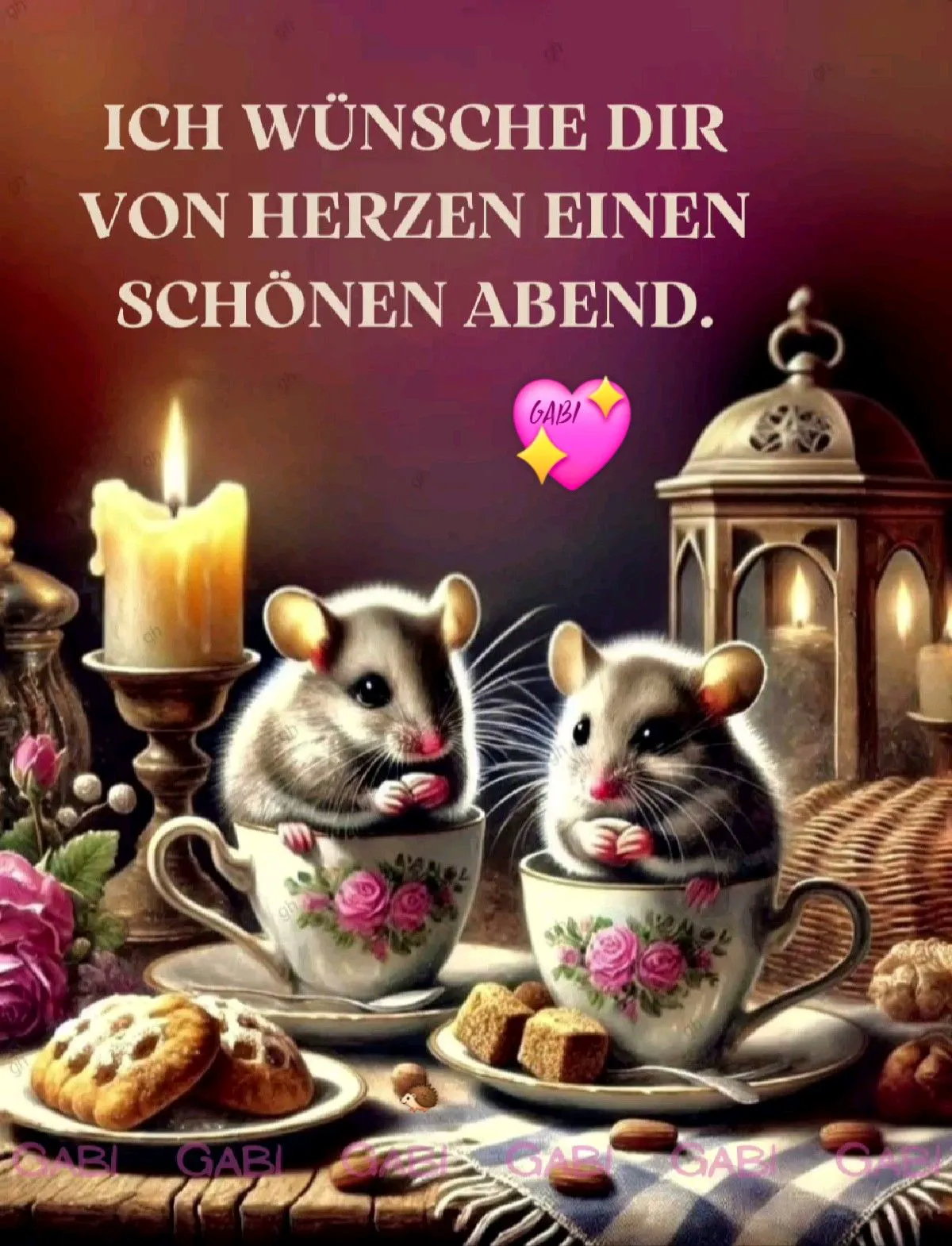 Ein süßes Guten-Abend-Bild mit zwei Mäusen in Teetassen, umgeben von Kerzenlicht, Keksen und einer Laterne, ideal für entspannte Abendgrüße.