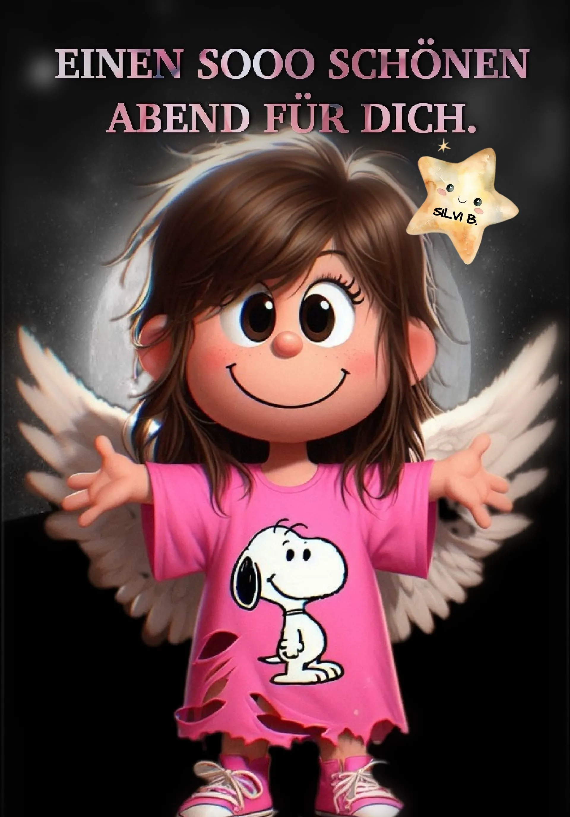 Ein süßes Cartoon-Mädchen mit Engelsflügeln und Snoopy-Shirt lächelt. Es wünscht einen schönen Abend. Hintergrund: Mond, Sterne. Ein Grußstern 'SILVI B.'