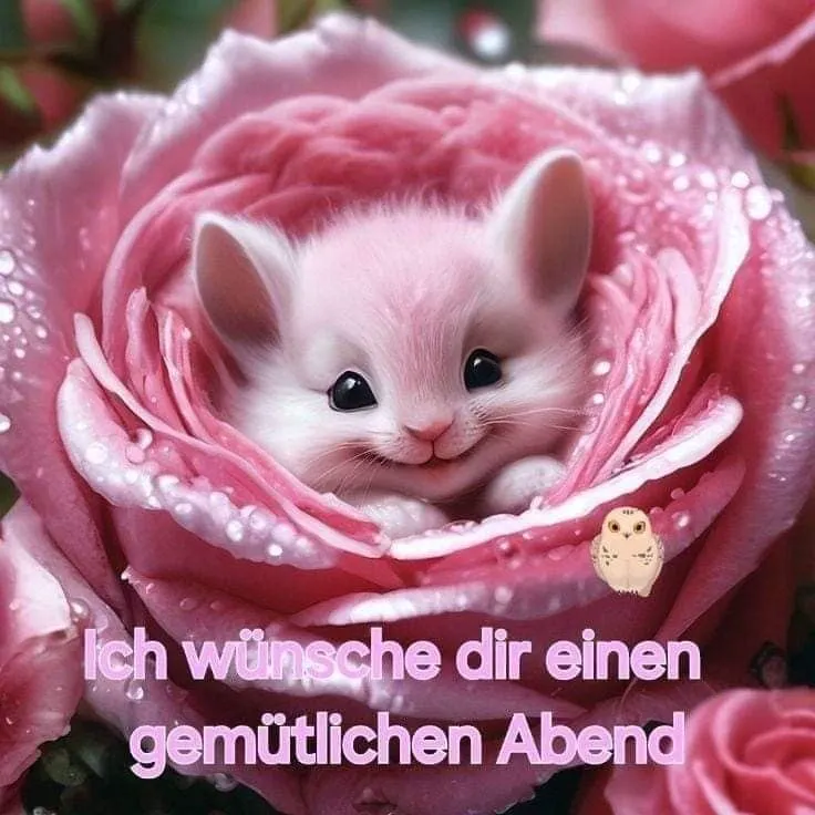 Ein süßes weißes Katzchen sitzt in einer rosa Rose mit Wassertropfen, daneben ein kleiner Eulenaufdruck