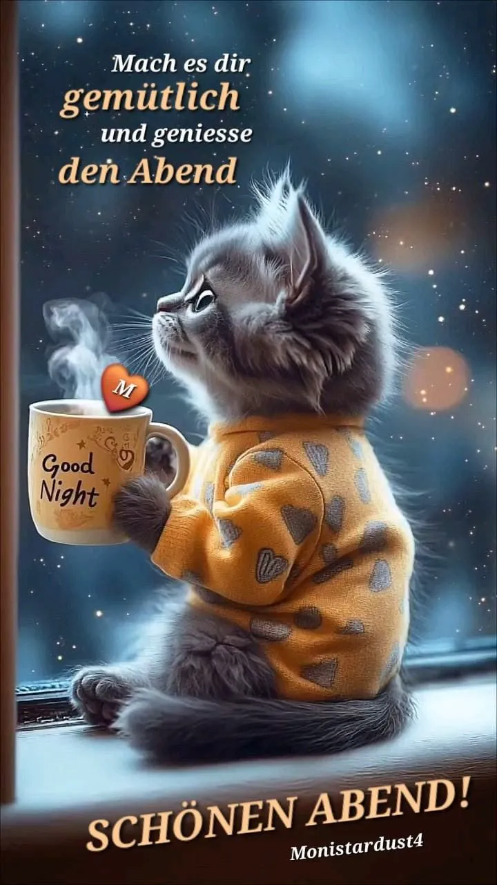 Ein flauschiges Kätzchen im gelben Herz-Pullover hält eine dampfende Tasse 'Good Night'. Es blickt am Fenster in den sternenklaren Himmel. Ein gemütliches Guten-Abend-Grußbild.