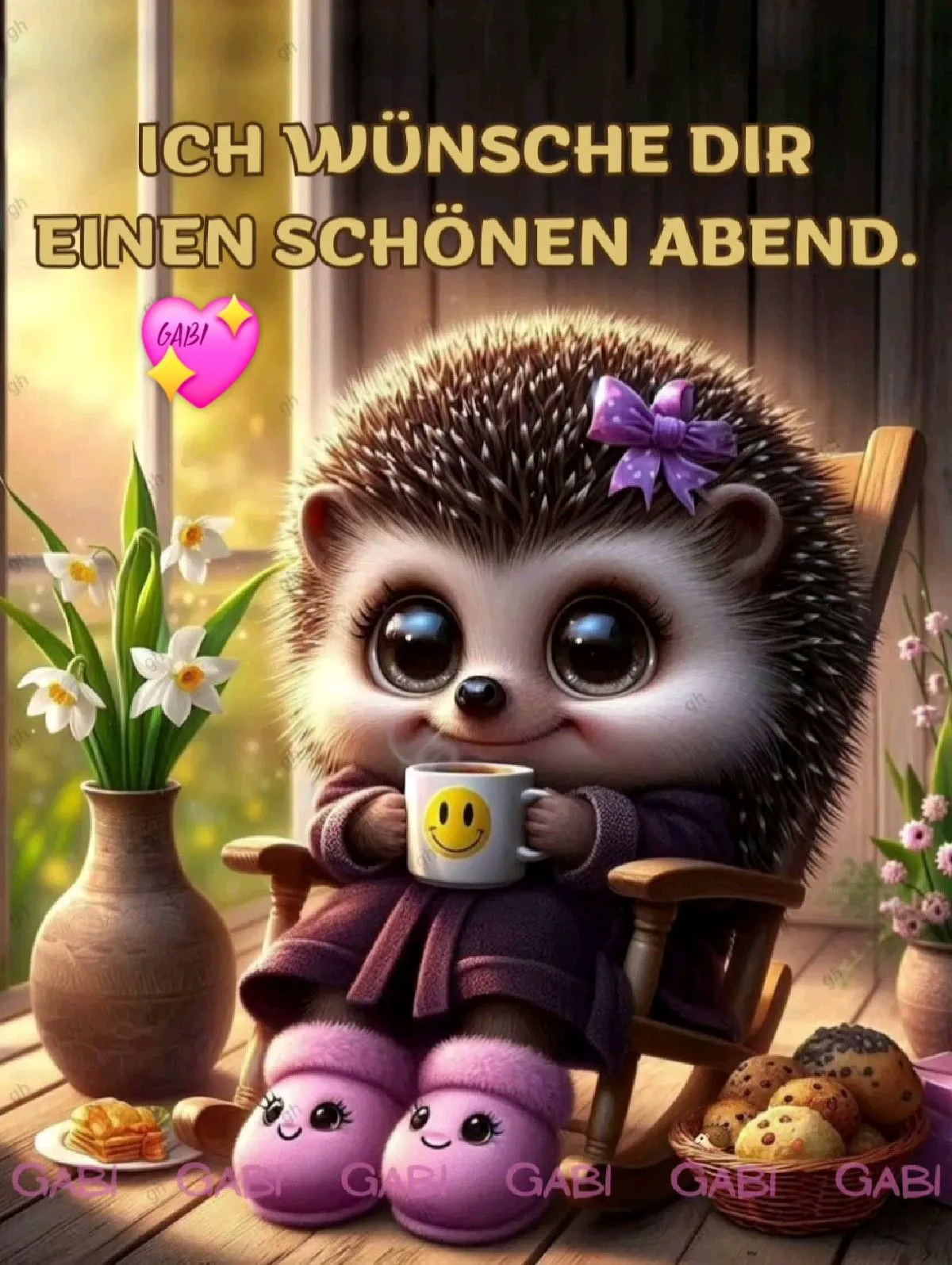 Ein niedlicher Igel mit einem rosa Haarbow und einer Tasse Kaffee sitzt auf einem Stuhl neben einem Fenster mit Blumen