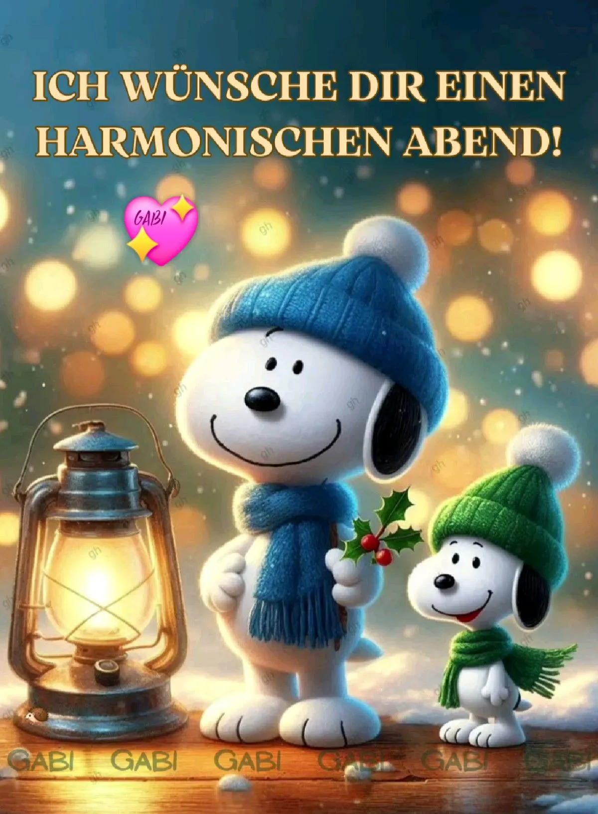 Ein Bild von zwei Snoopy-Figuren, eine mit blauer Mütze und Schal neben einer Laterne, die andere mit grüner Mütze und Schal, im Hintergrund bokeh-artige Lichter.