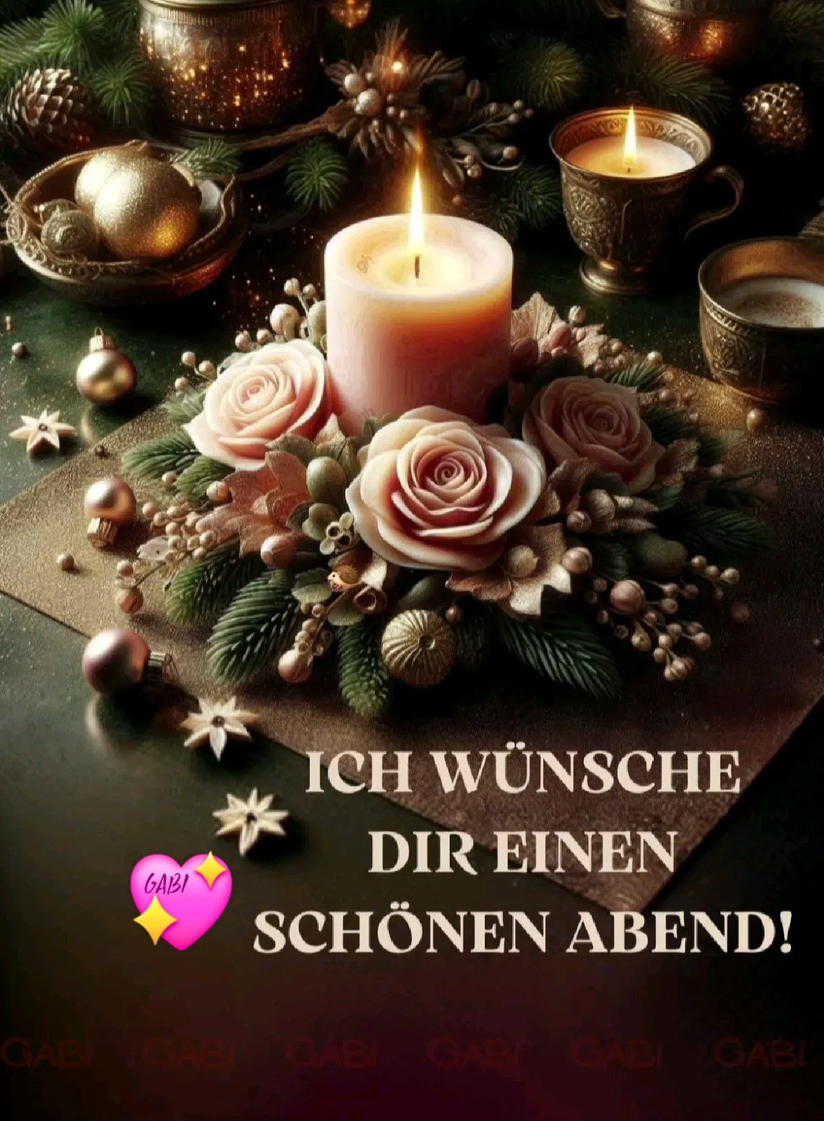 Ein stimmungsvolles Guten-Abend-Grußbild mit brennender Kerze, umgeben von zarten Rosen, Tannenzweigen und goldenen Dekorationen. Schafft eine warme, entspannte Atmosphäre für Ihre Abendgrüße.