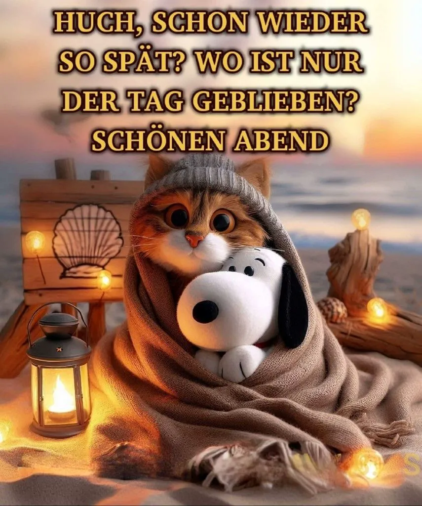 Ein niedliches Bild von einem Kater mit Hut und Snoopy unter einer Decke mit einer Laterne und Lichterketten