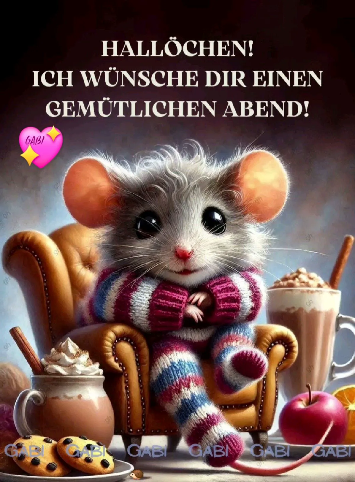 Ein niedliches Mäuschen in einem gemütlichen Sessel mit einem warmen Getränk und Keksen