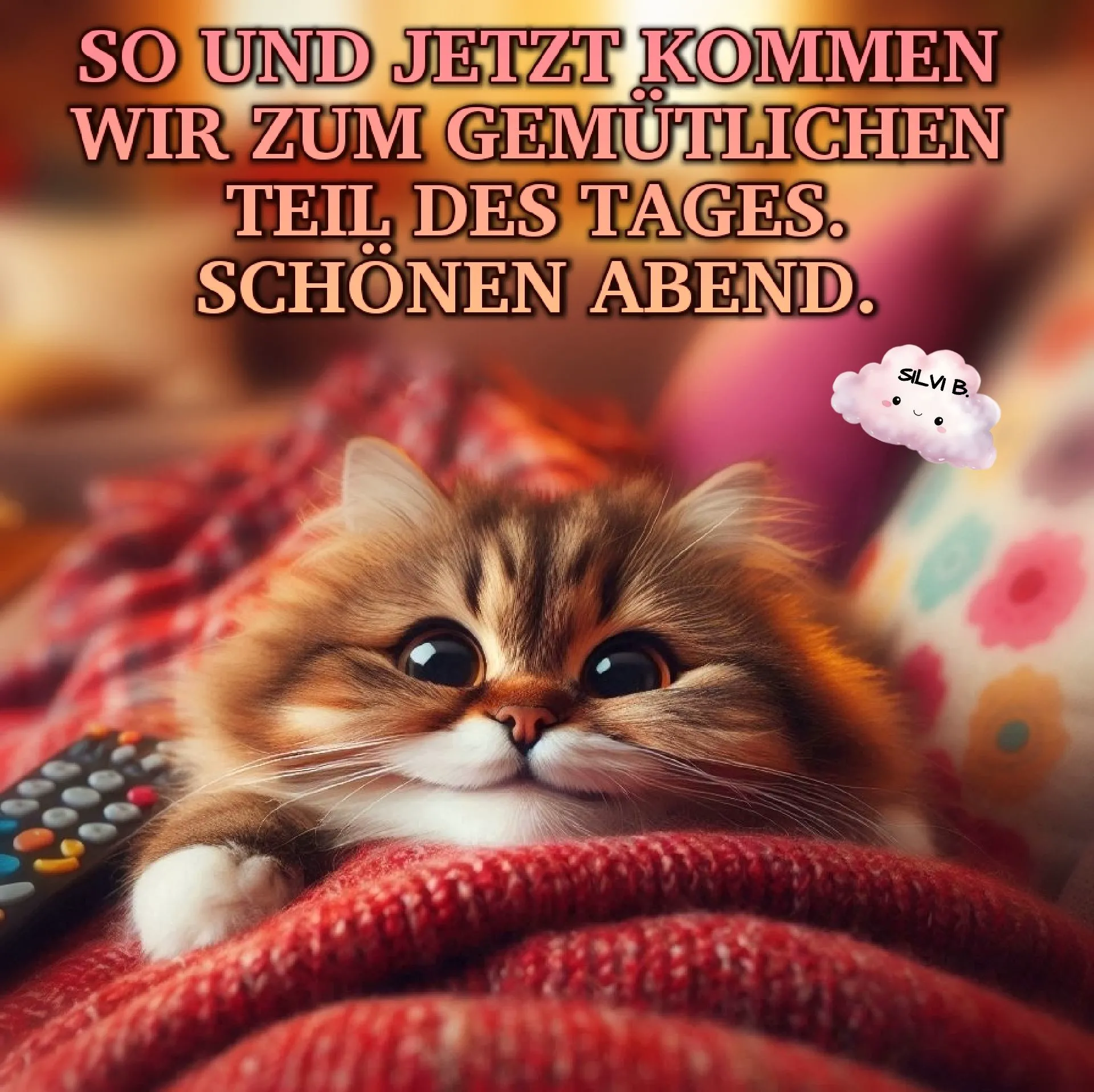 Ein niedliches Kätzchen liegt auf einem roten Pullover, daneben eine Fernbedienung, im Hintergrund ein farbenfroher Raum.