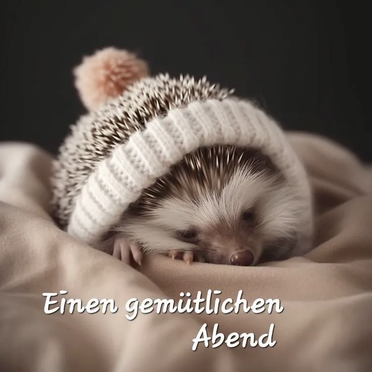 Ein Igel in einem weißen Hut liegt auf einem Kissen und wünscht einen gemütlichen Abend