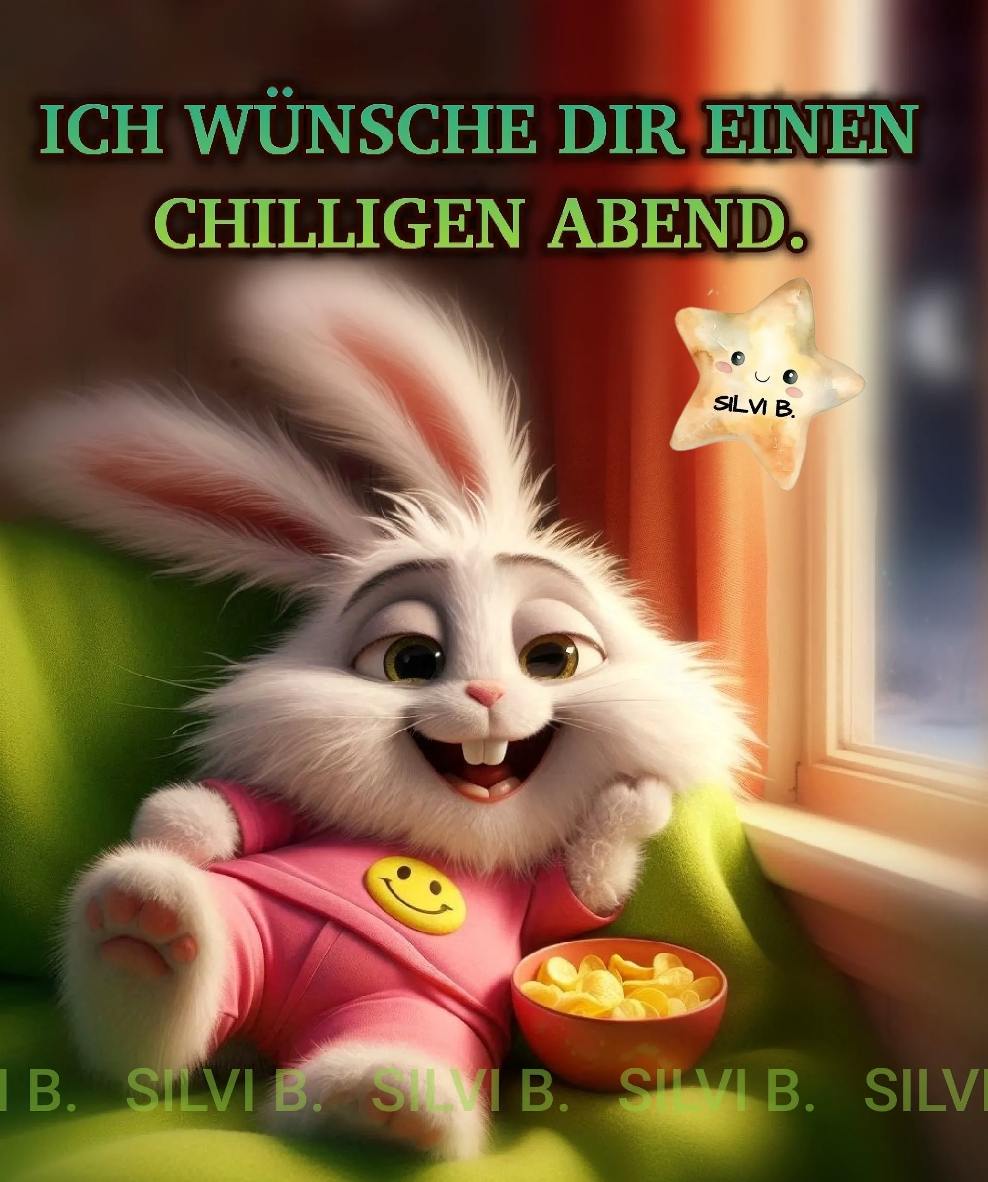 Ein Cartoon-Hase in rosa Kleidung sitzt auf einem Sofa, hält eine Schüssel Chips und wünscht einen chillen Abend.