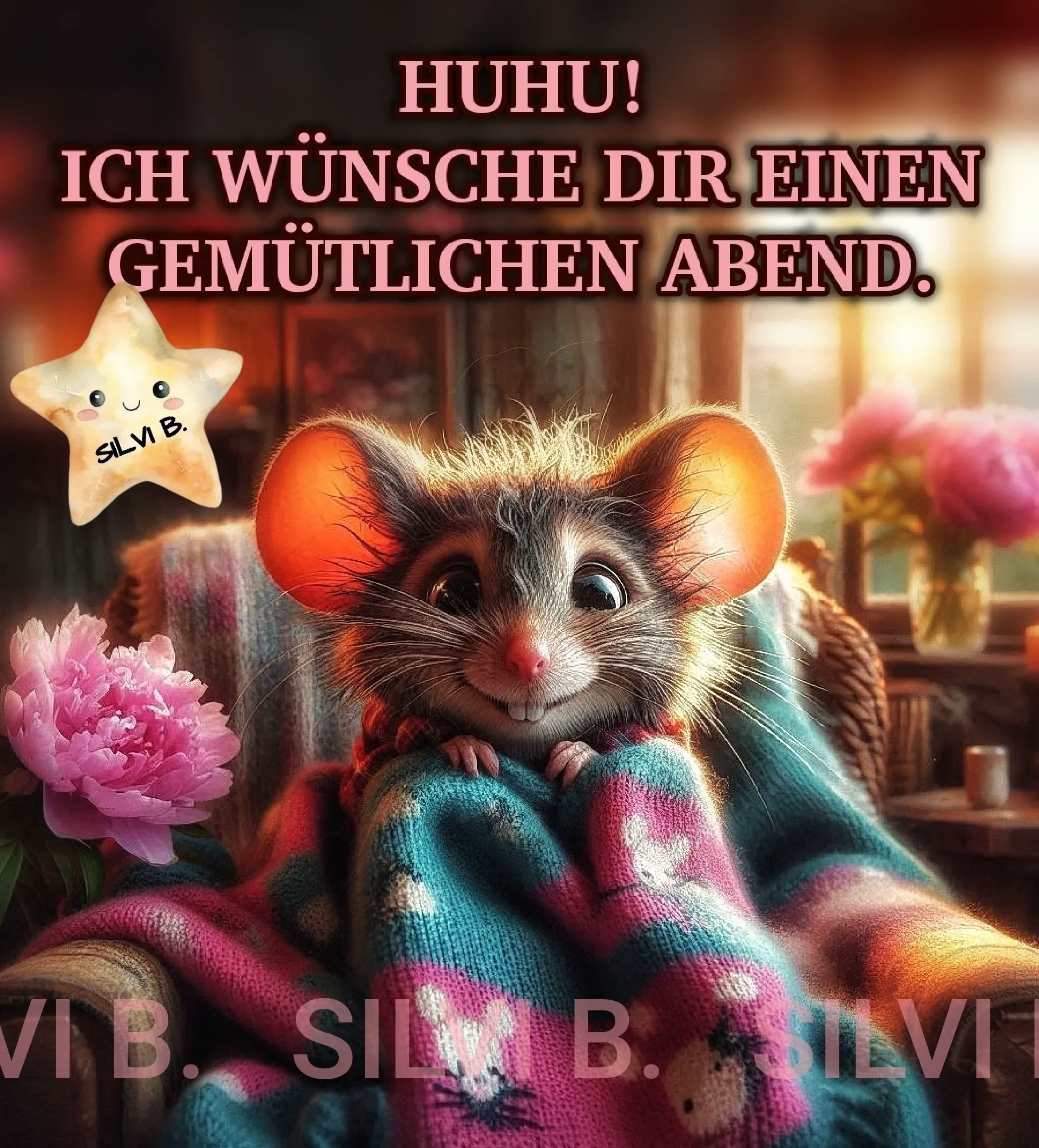 Ein niedliches Mäuschen, zugedeckt mit einer farbenfrohen Decke, lächelt freundlich. Daneben eine leuchtende Stern-Laterne und rosa Pfingstrosen, ideal für einen gemütlichen Abendgruß.