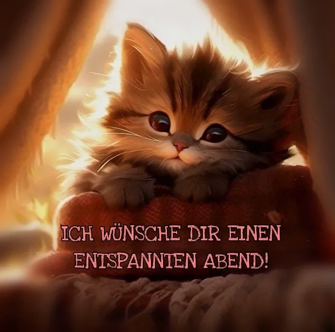 Ein niedliches, flauschiges Kätzchen mit großen Augen liegt entspannt auf einer roten Decke. Warme Lichtstimmung, mit dem Text: ICH WÜNSCHE DIR EINEN ENTSPANNTEN ABEND!