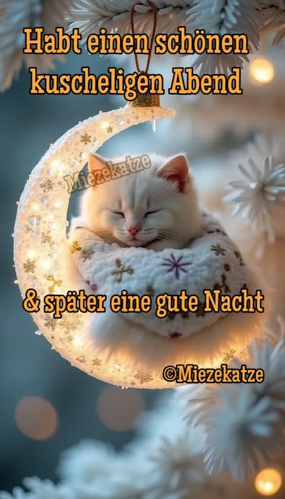 Ein flauschiges weißes Kätzchen schläft friedlich in einer leuchtenden, schneebedeckten Mondsichel mit Schneeflocken. Es ist in eine weiche Decke gehüllt, umgeben von stimmungsvollen Lichtern.