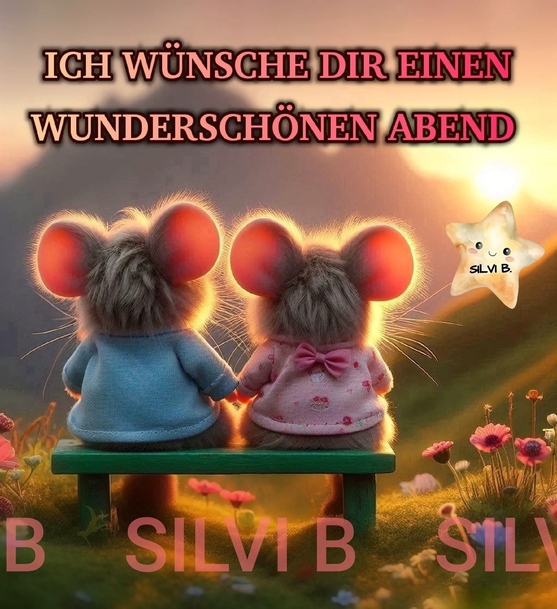 Zwei süße, flauschige Mäuse sitzen Hand in Hand auf einer Bank vor einem wunderschönen Sonnenuntergang. Ein warmer Guten-Abend-Gruß mit Herzen und leuchtenden Ohren.