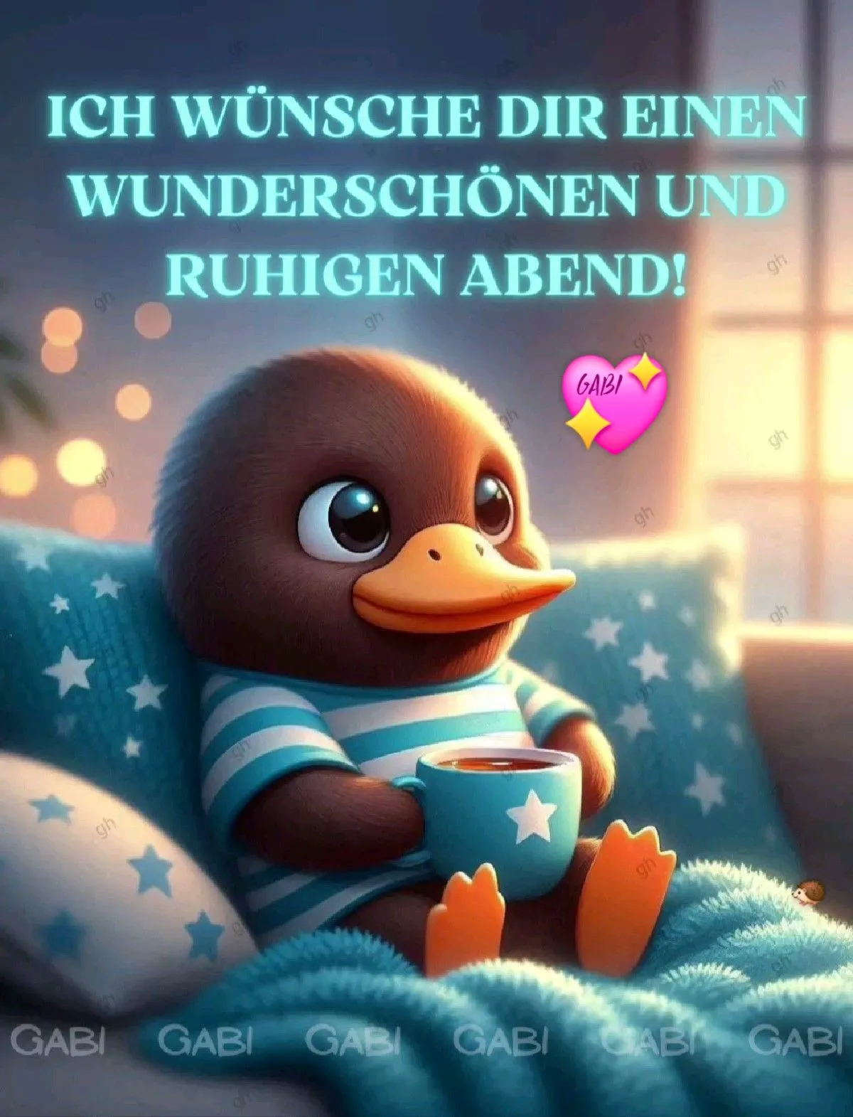 Ein niedliches Entlein sitzt auf einem Sofa mit einem Becher in der Hand und wünscht einen schönen Abend.
