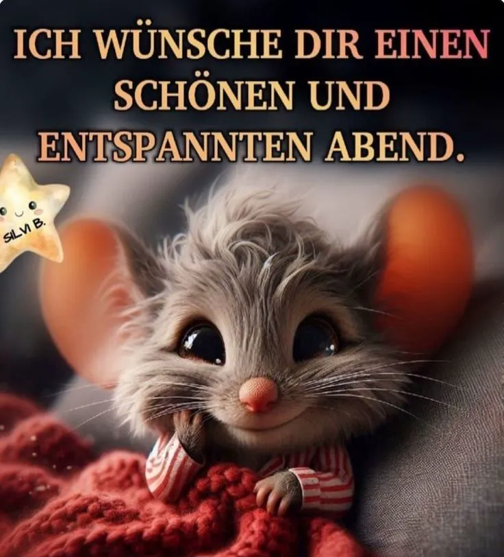 Niedliche, lächelnde Maus im Schlafanzug unter einer roten Strickdecke, die einen schönen und entspannten Abend wünscht. Ein herzlicher Guten-Abend-Gruß zum Teilen.