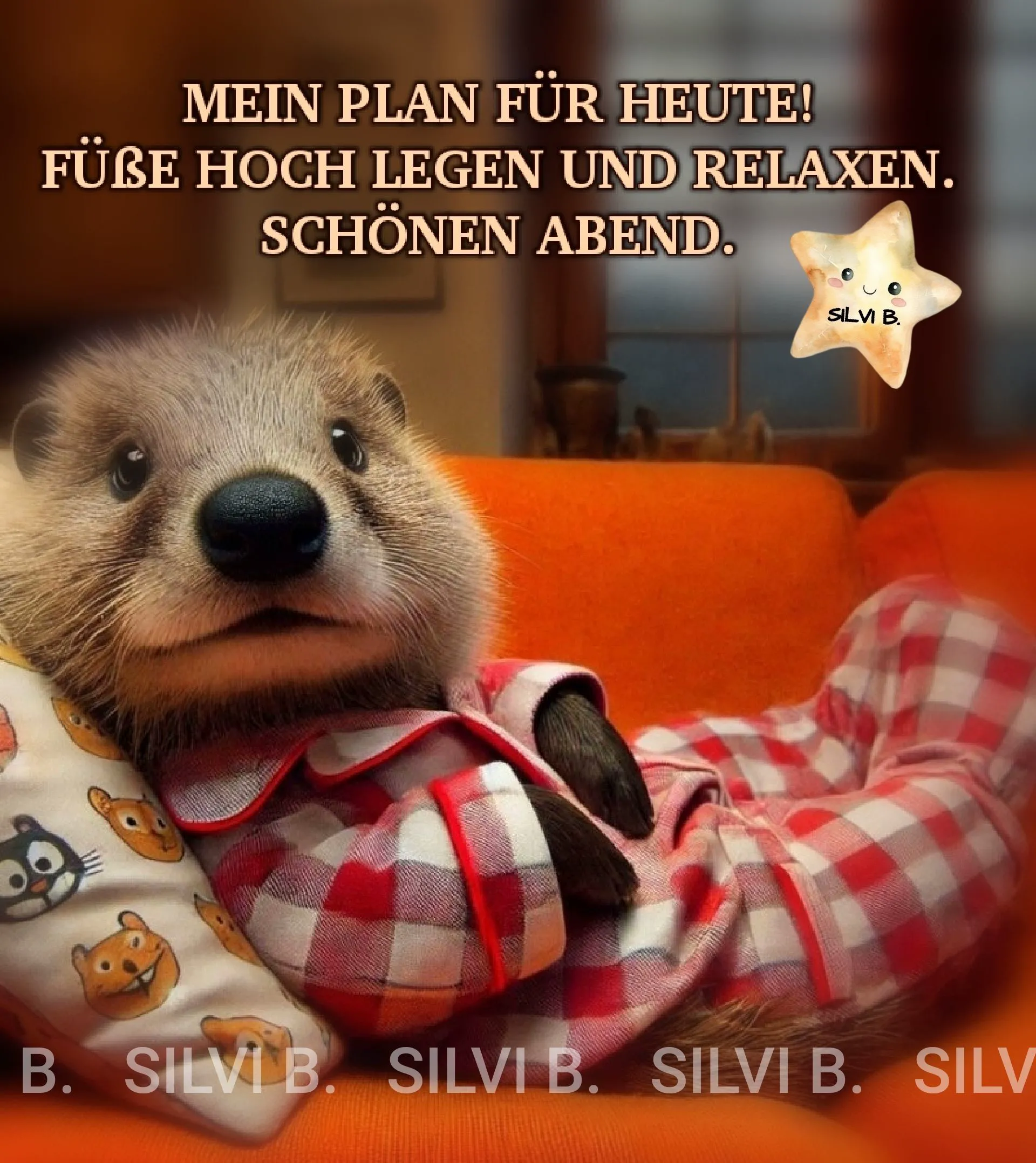 Ein Otter in roten und weißen Pyjamas liegt auf einem orangefarbener Couch und lächelt