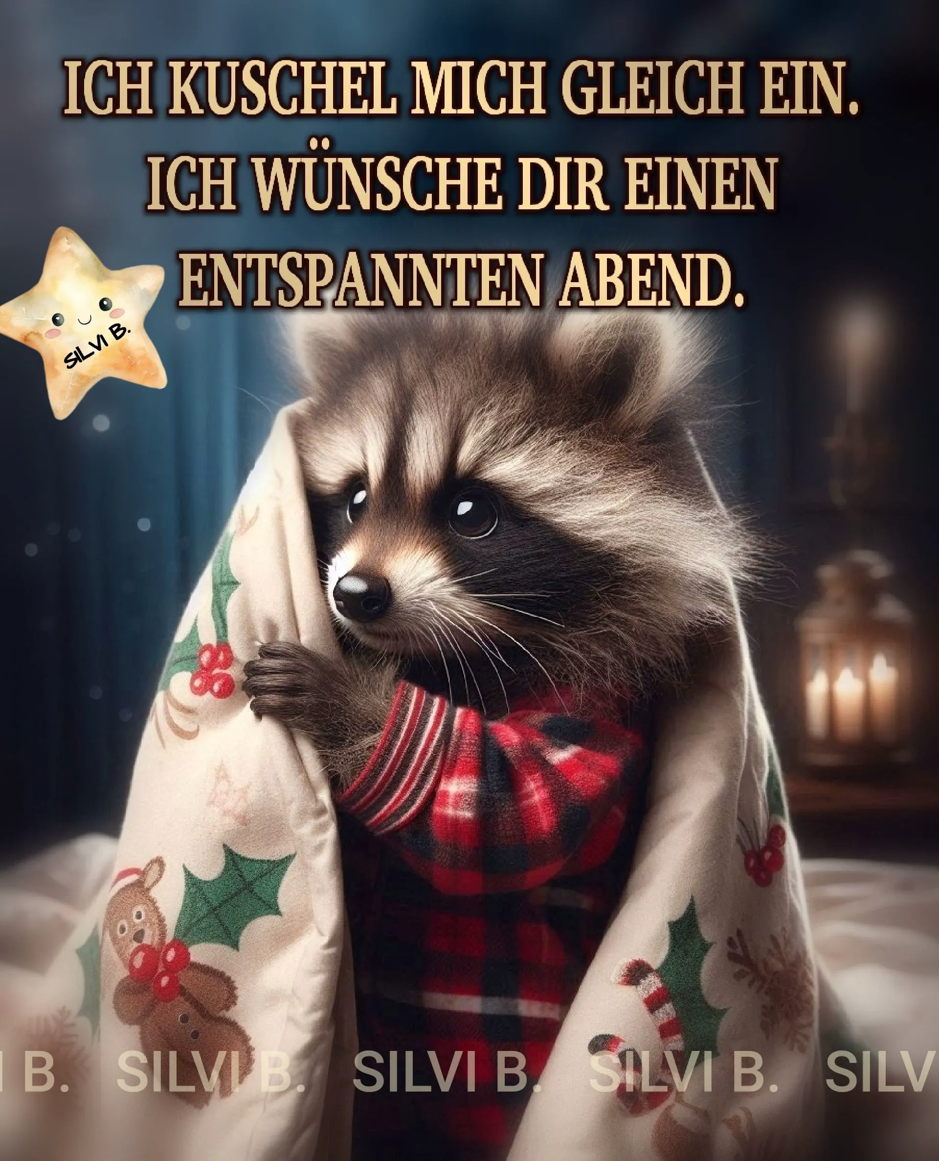Ein niedlicher Waschbär, eingekuschelt in eine festliche Decke mit Wintermotiven und einem roten Schal. Er wünscht einen entspannten Guten Abend, perfekt zum Teilen auf Social Media.