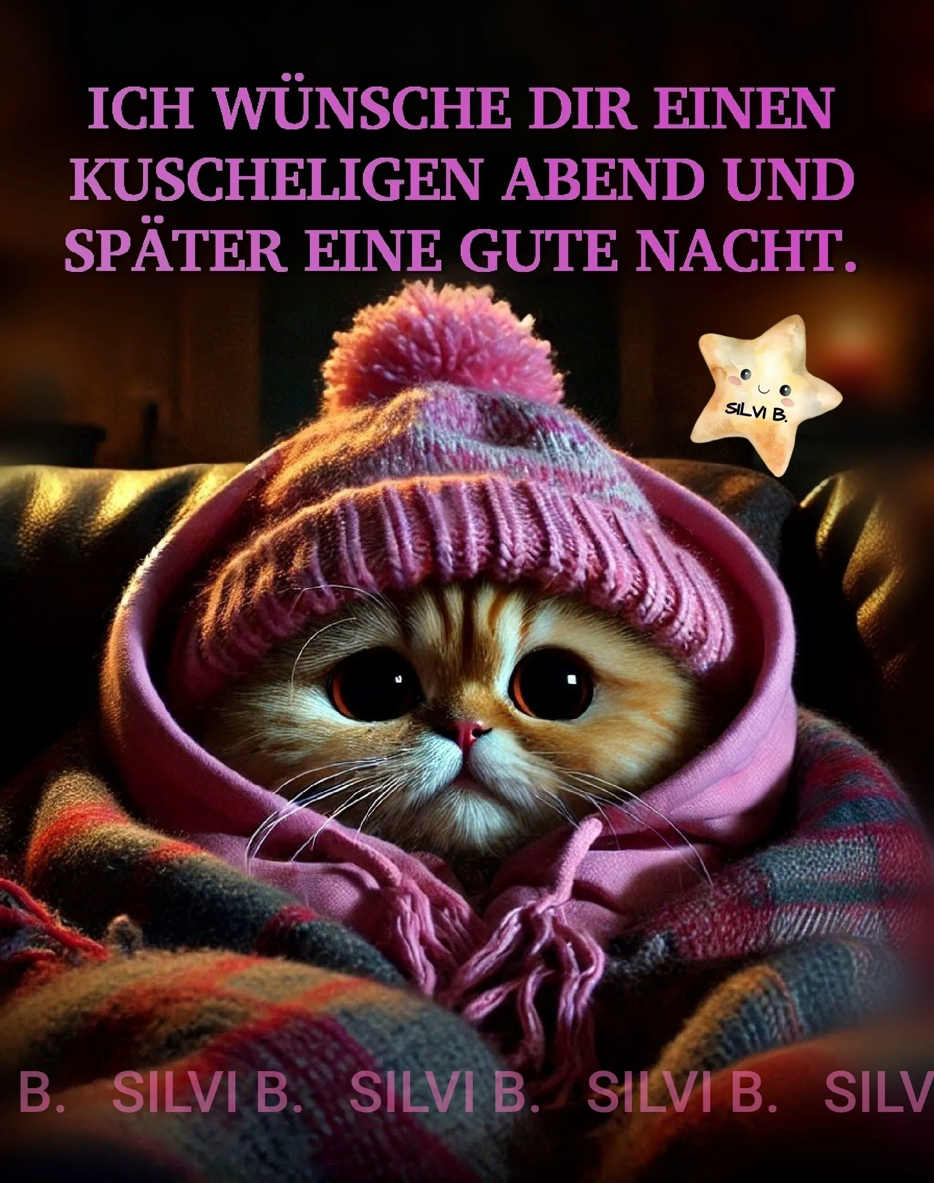 Ein niedliches Kätzchen mit großen Augen, einer rosa Mütze und in eine Decke gehüllt, kuschelig warm. Perfektes Guten-Abend-Grußbild zum Teilen und Wünsche verschicken.