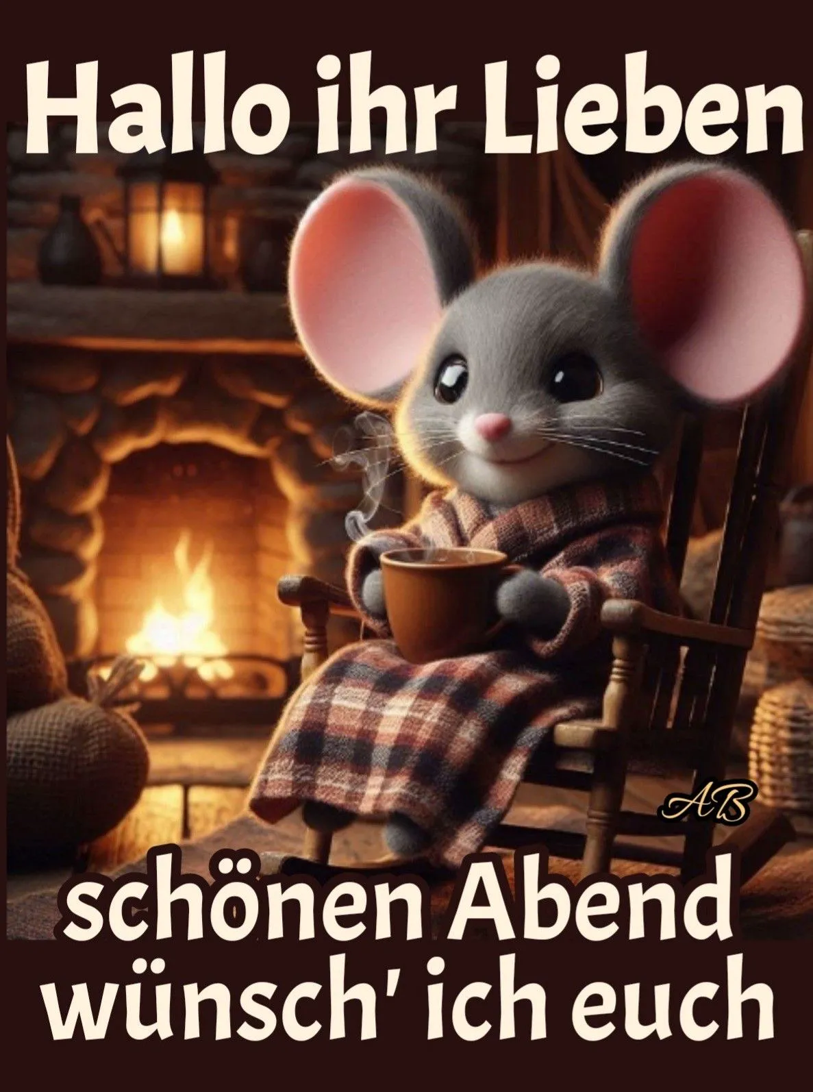 Ein niedliches Maus-Symbol sitzt vor einem Kamin, hält eine Tasse in den Pfoten und wünscht einen guten Abend.