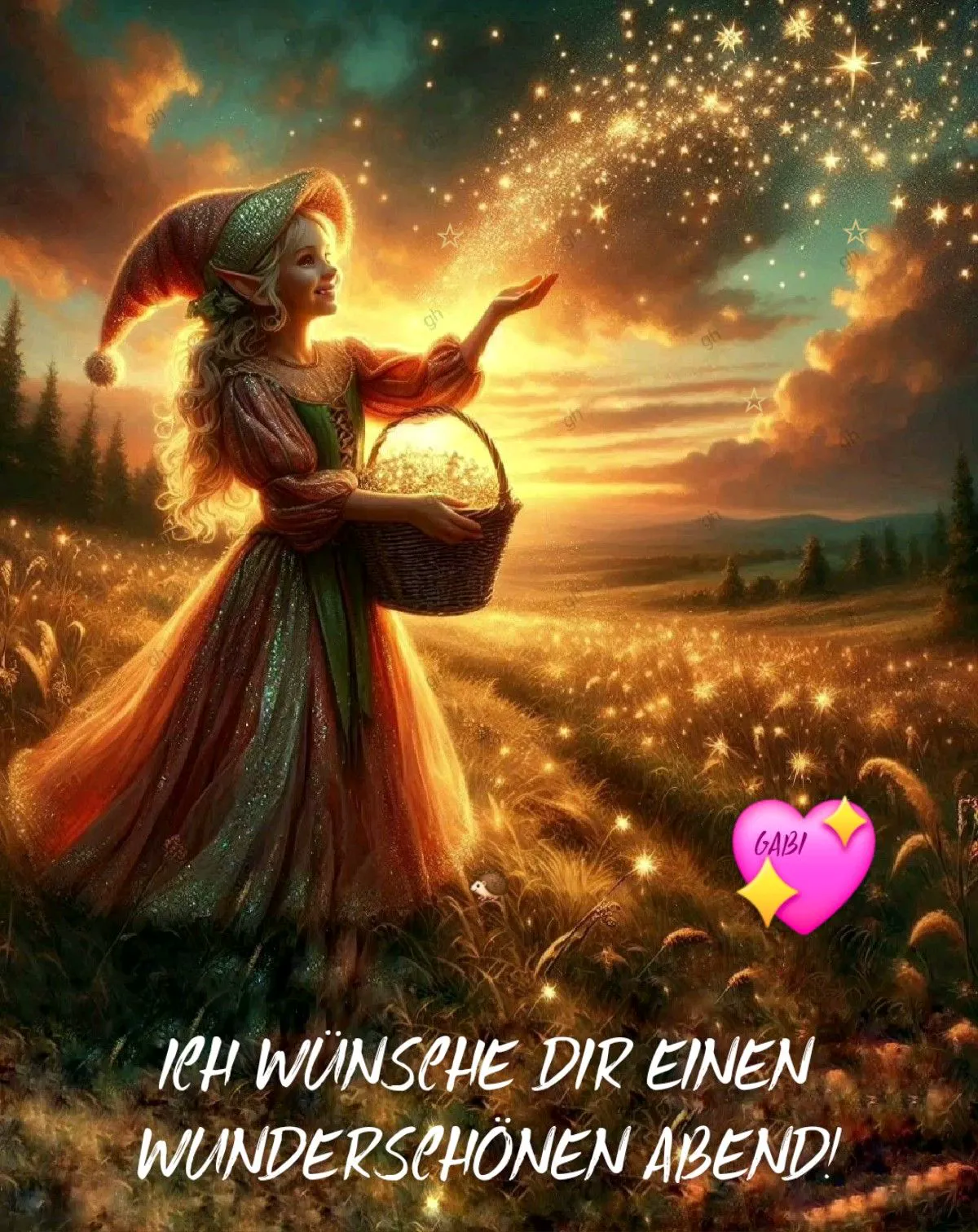 Ein Elfchen in einem Feld voller Sterne und Feuerwerk, hält einen Korb mit Glitter in der Hand