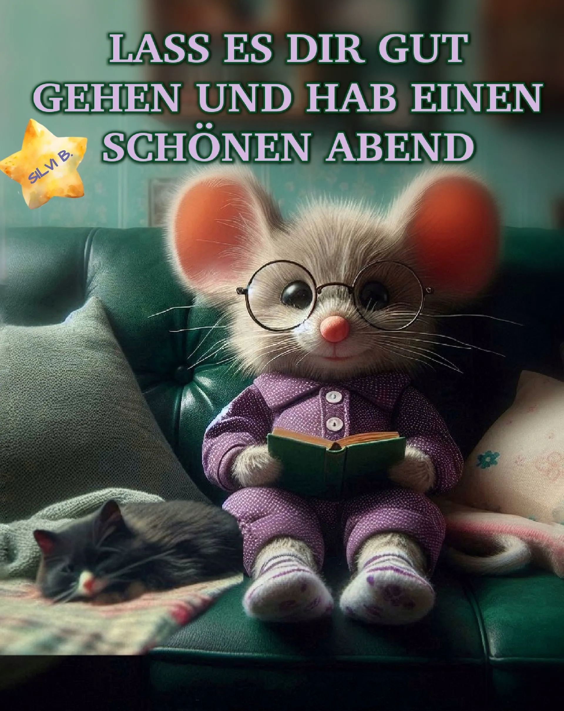 Ein niedliches Mäuschen mit Brille sitzt auf einem Sofa, hält ein Buch und wünscht einen schönen Abend.